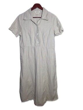 Vintage Eddie Bauer Linen midi maxi Dress Light Beige Khaki Safari medium petite